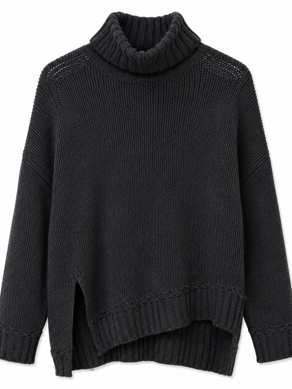 Aerie Women’s Black Chunky Knit Turtleneck Sweater Oversized Split Hem Size L